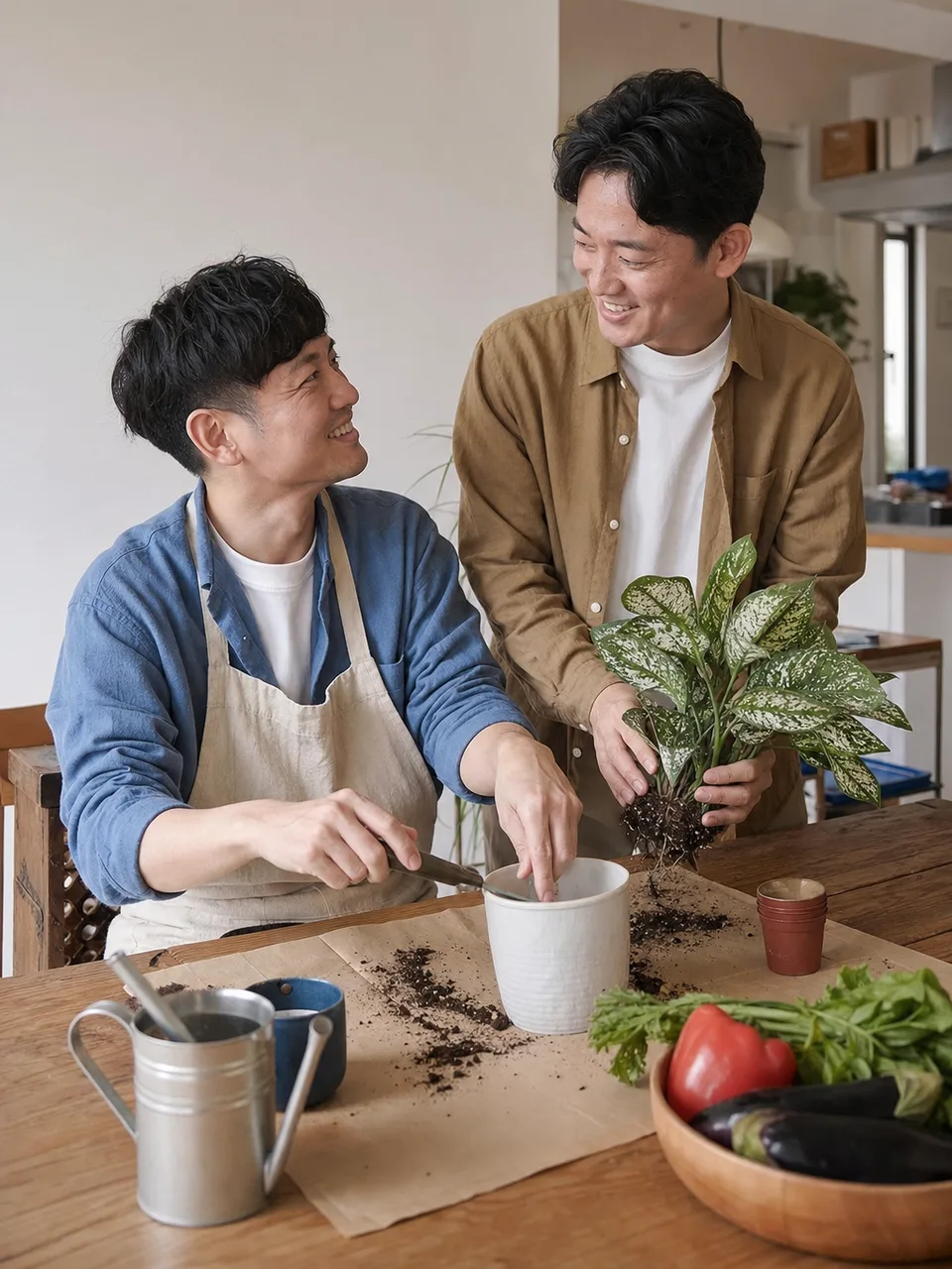 暮らしを共にする同性カップル（自然な縦位置写真）。LGBTQ、同性カップル、パートナー、日常生活の記事向け素材です。
