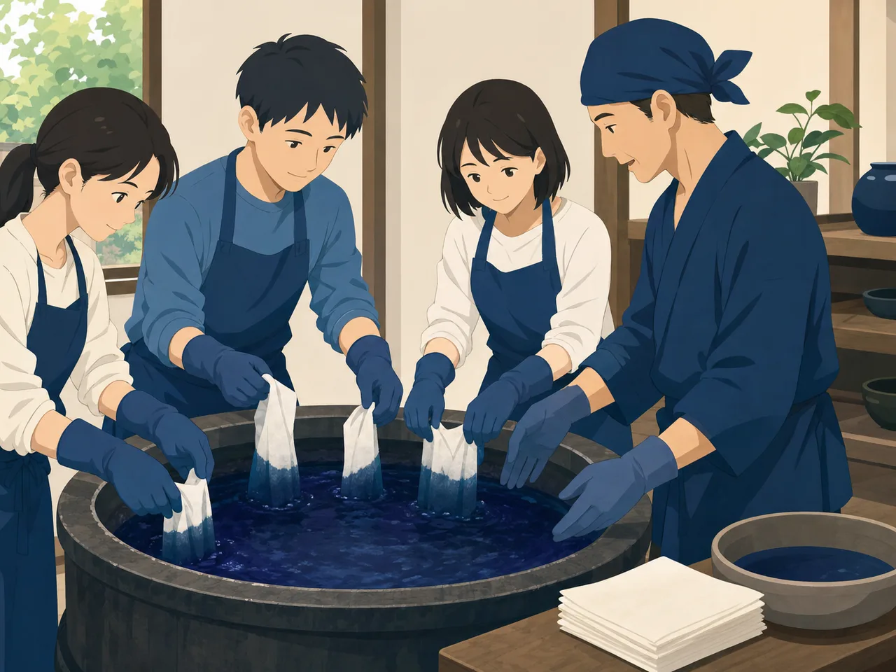 藍染めを体験する日本人（フラットイラスト）。藍染め、伝統工芸、染色、職人体験の記事や案内に使える商用素材です。
