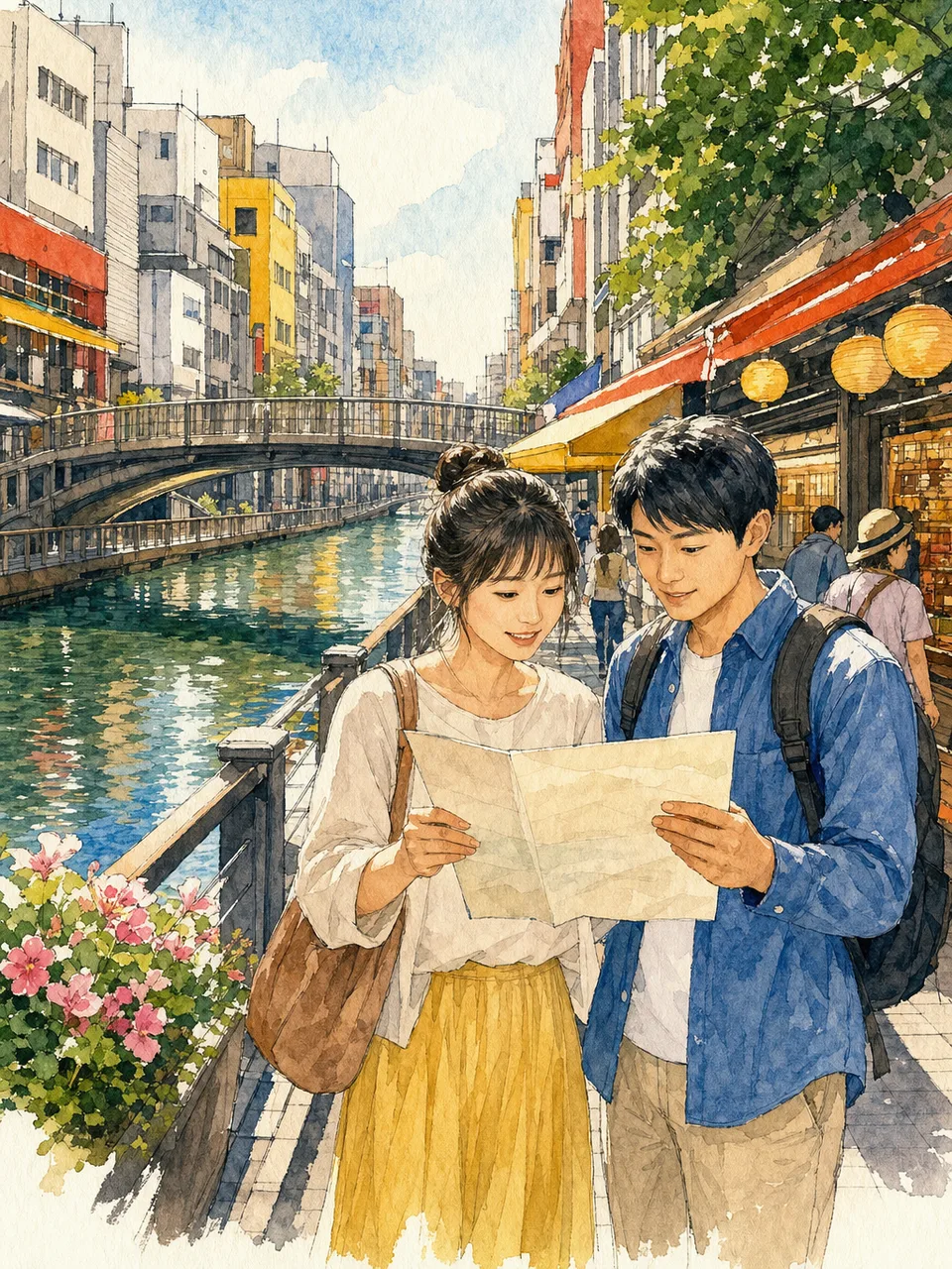大阪の街歩きを楽しむ日本人旅行者（手描き水彩）。大阪、国内旅行、街歩き、都市観光の記事向け素材です。