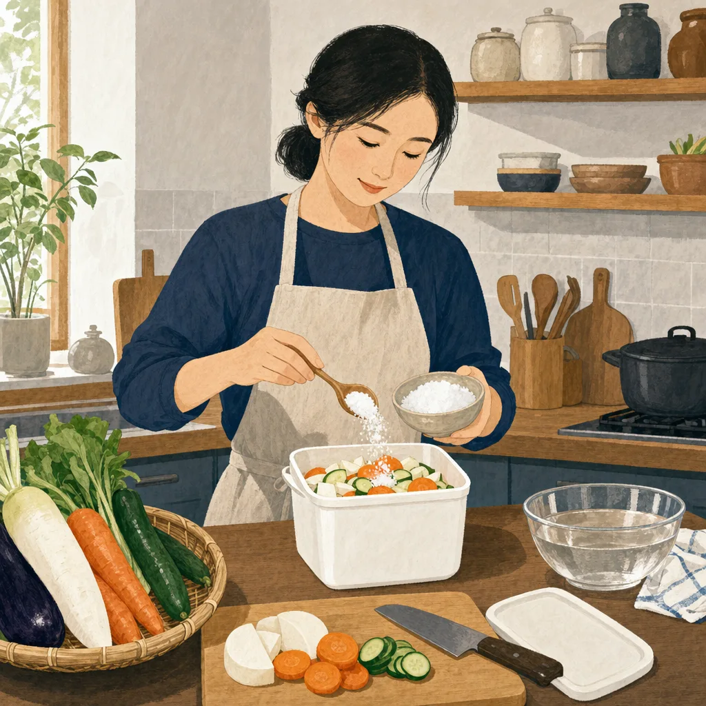 家庭で漬物を仕込む日本人（編集記事向け）。漬物作り、発酵食品、保存食、野菜の記事や案内に使える商用素材です。