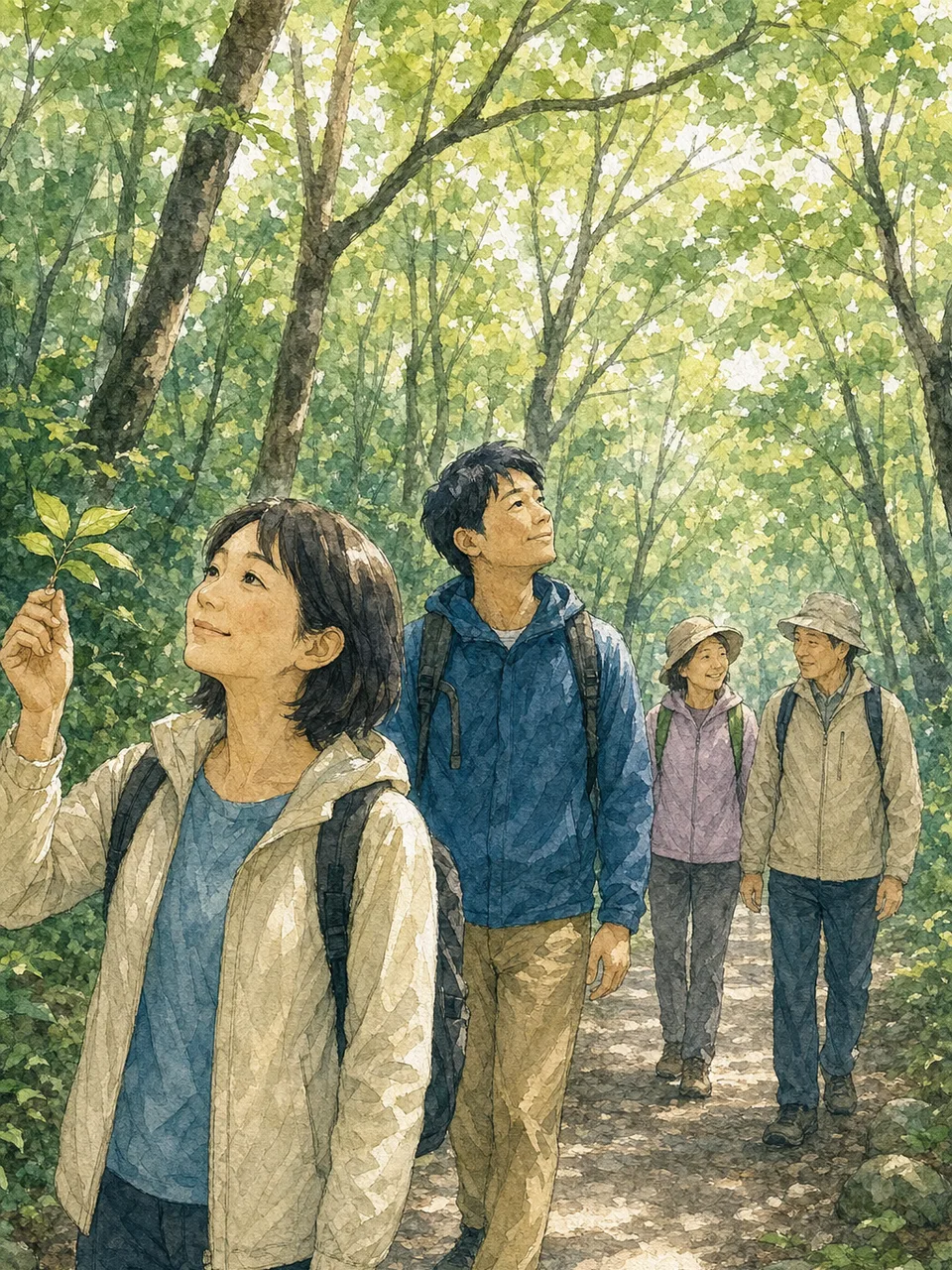 森林浴を楽しむ日本人（手描き水彩）。森林浴、自然、健康、ハイキングの記事に使える素材です。