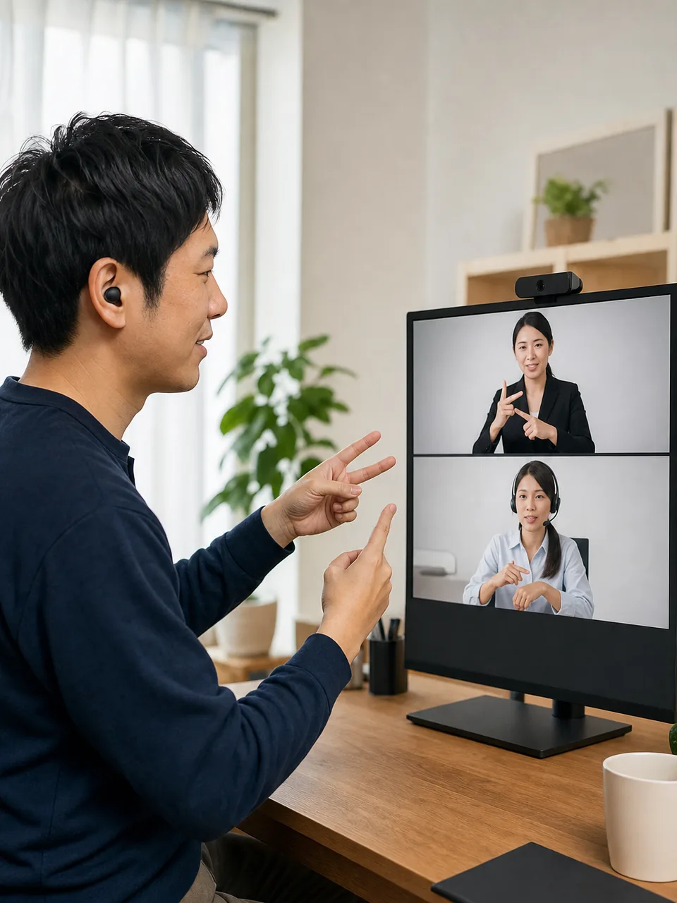 ビデオ通話で手話を使う日本人（自然な縦位置写真）。ビデオリレーサービス、手話、ろう者、聴覚障害の記事や案内に使える商用素材です。
