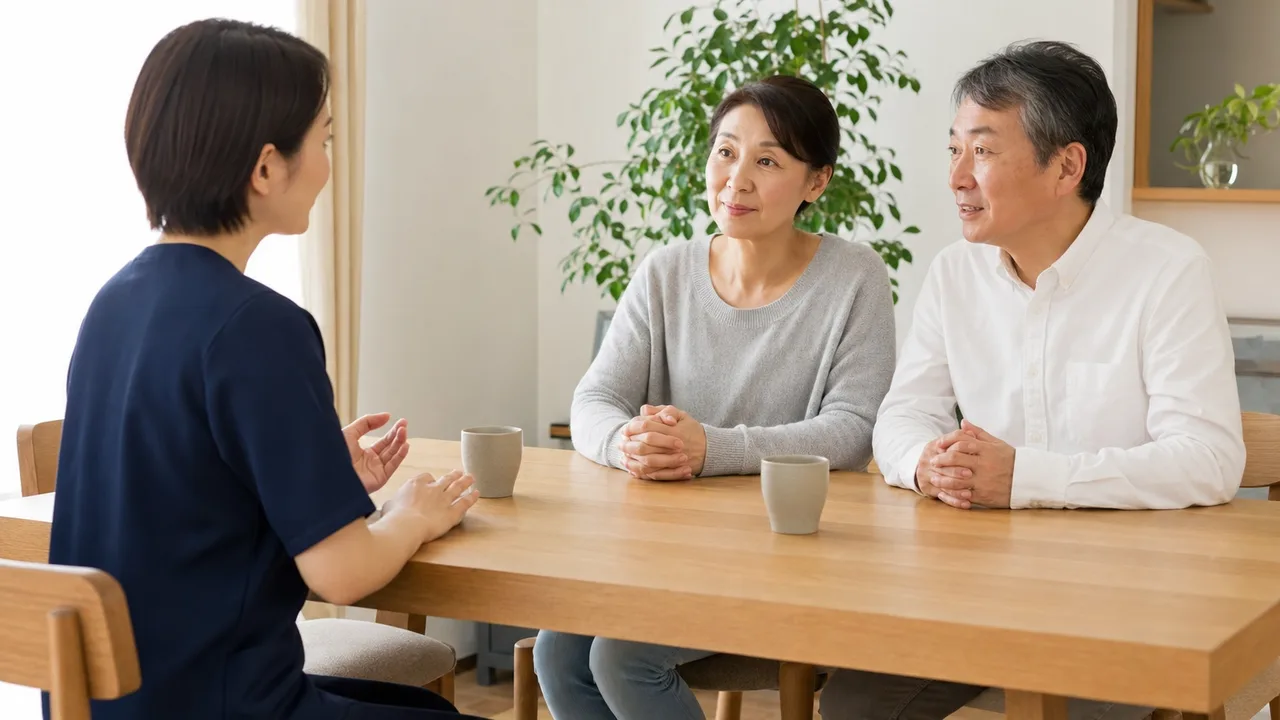 在宅療養の希望を話し合う日本人家族（横長・コピースペース）。在宅療養、緩和ケア、家族相談、意思決定支援の記事や案内に使える商用素材です。
