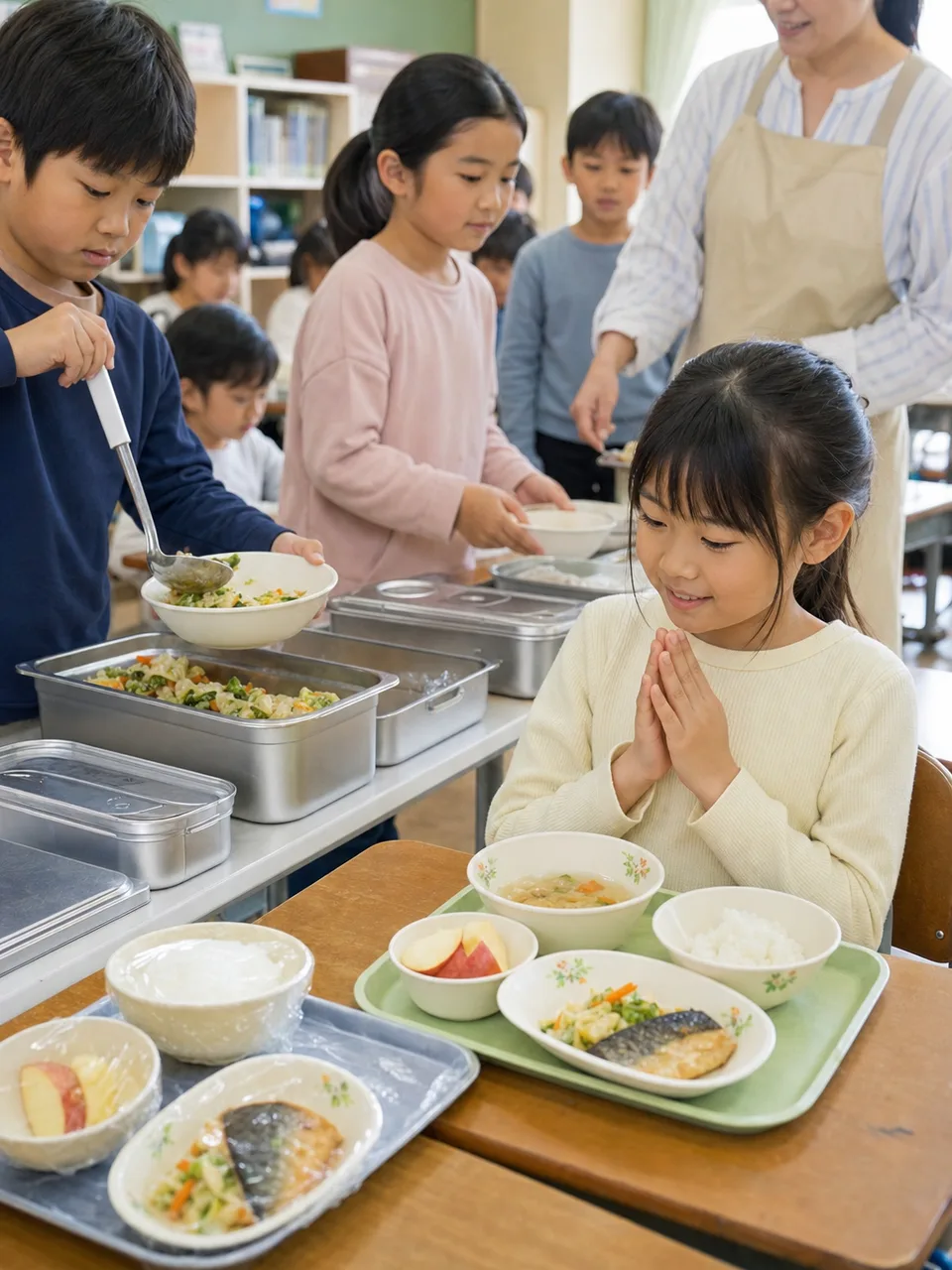 学校給食を楽しむ日本人の児童（自然な縦位置写真）。学校給食、食育、小学校、子どもの生活の記事向け素材です。