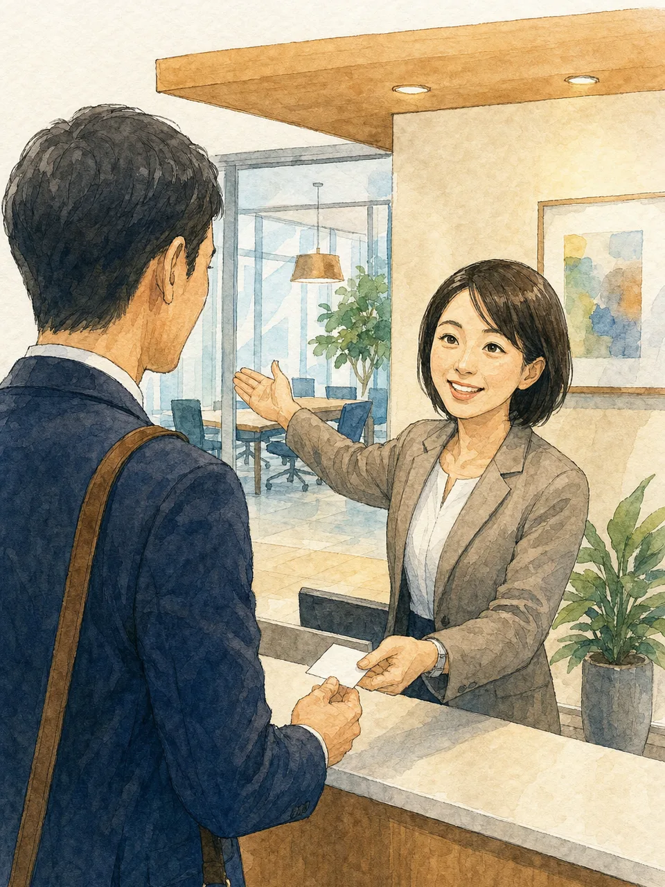 オフィスで案内する日本人受付スタッフ（手描き水彩）。受付、来客対応、オフィス、接客研修の記事向け素材です。
