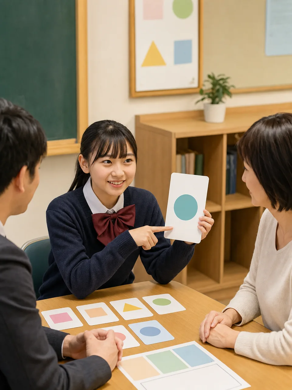 学習目標を話し合う日本人の生徒と大人（自然な縦位置写真）。学習目標、生徒主体、三者面談、目標設定の記事や案内に使える商用素材です。