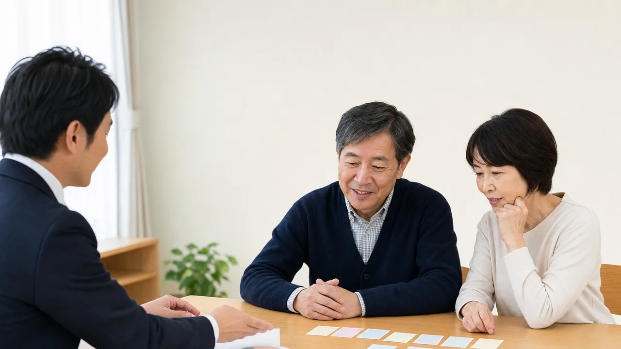 老後資金を計画する日本人夫婦（横長・コピースペース）。老後資金、退職後、家計相談、資産計画の記事や案内に使える商用素材です。