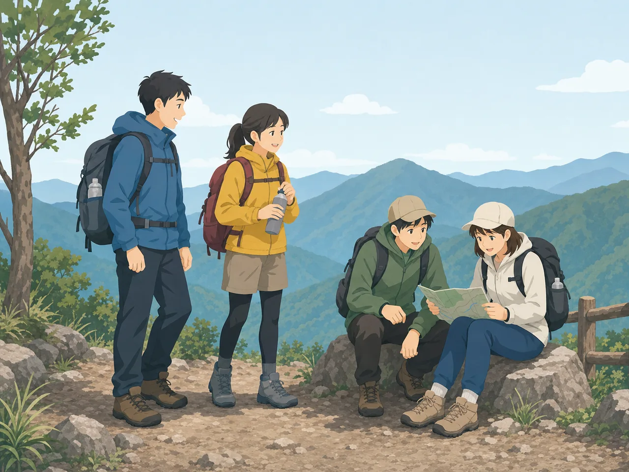 安全に登山を楽しむ日本人の友人（フラットイラスト）。登山、ハイキング、アウトドア、健康促進の記事向け素材です。