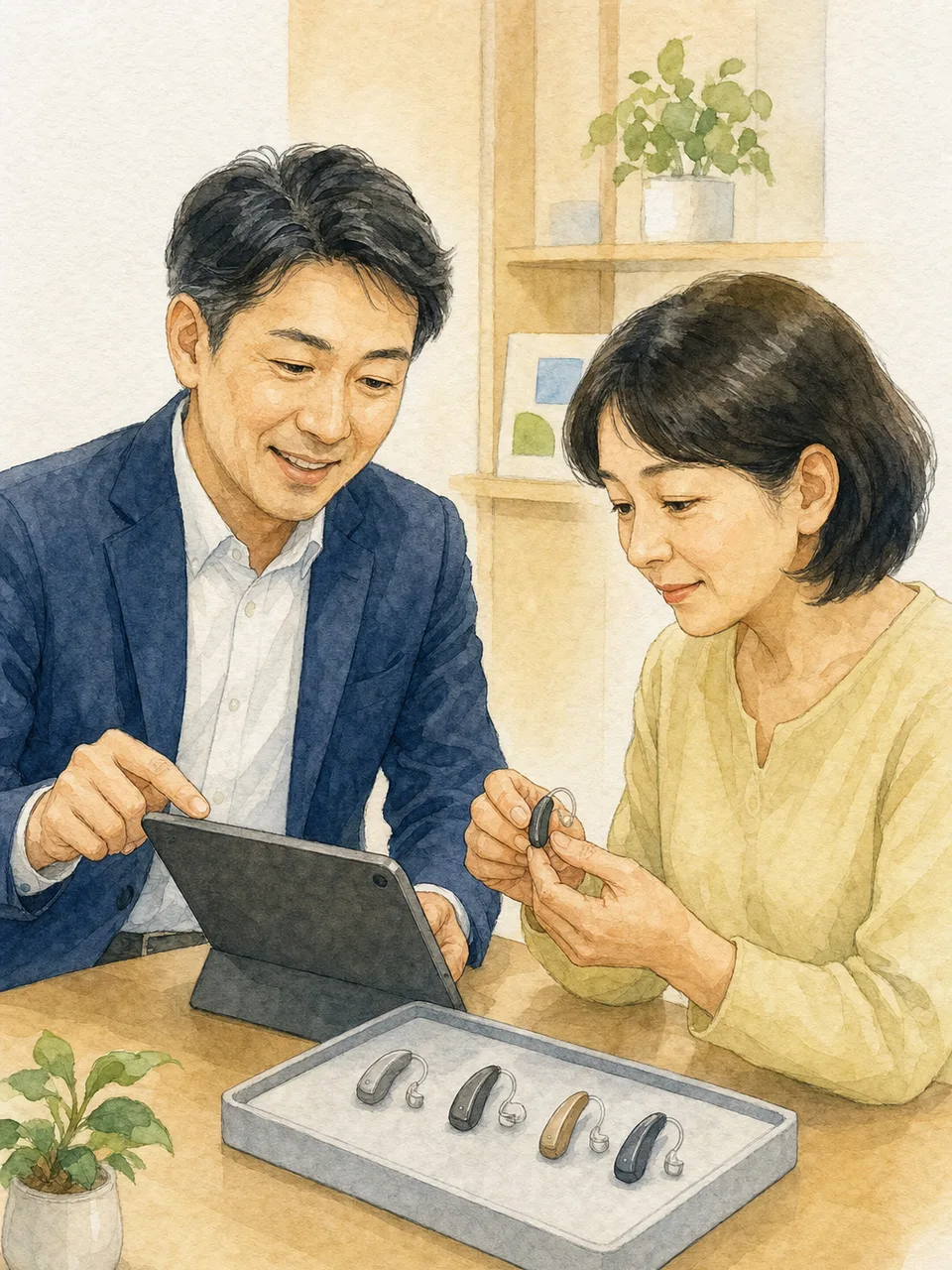 補聴器を調整する日本人専門家（手描き水彩）。補聴器、認定補聴器技能者、聞こえ、聴覚支援の記事や案内に使える商用素材です。