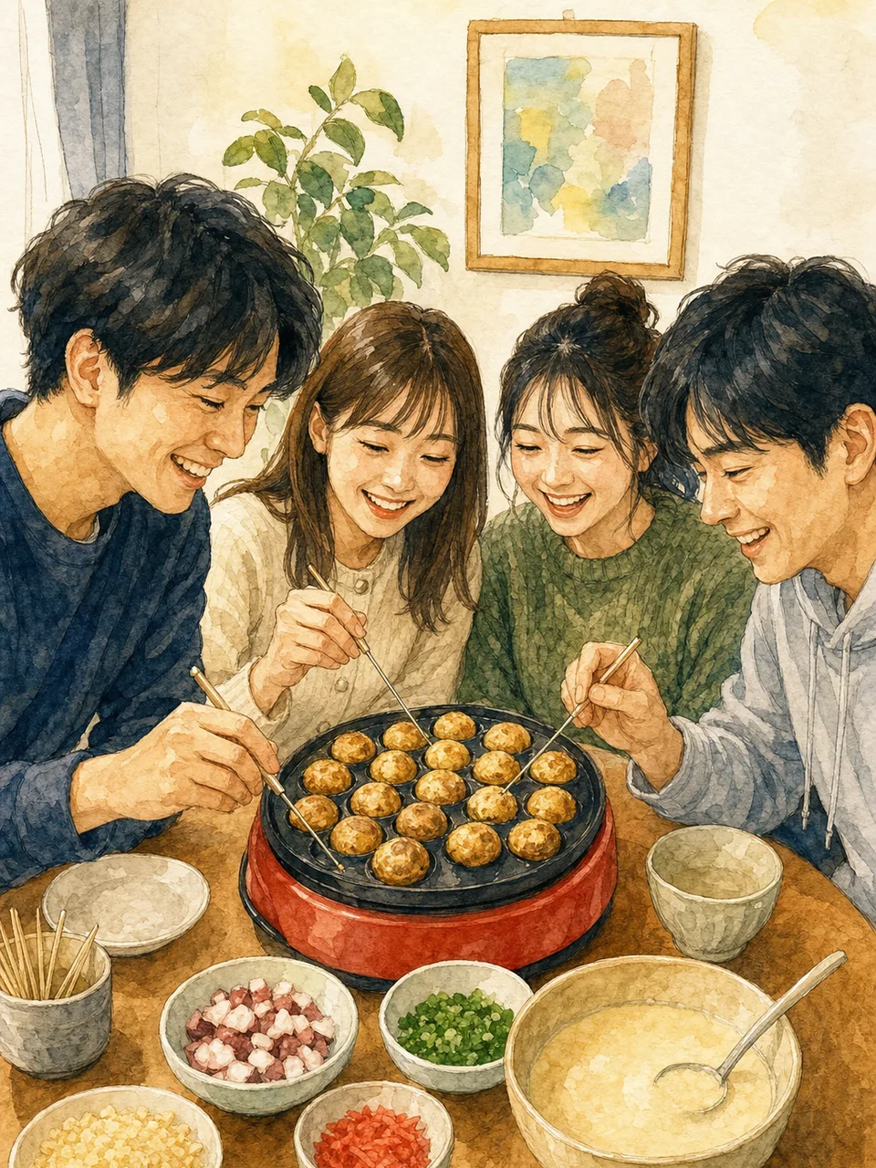 たこ焼きを作る日本人（手描き水彩）。たこ焼き、大阪グルメ、家庭料理、食イベントの記事向け素材です。