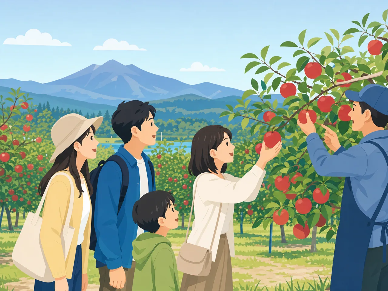 青森のりんご畑を訪れる旅行者（フラットイラスト）。青森旅行、りんご畑、りんご狩り、東北旅行の記事や案内に使える商用素材です。
