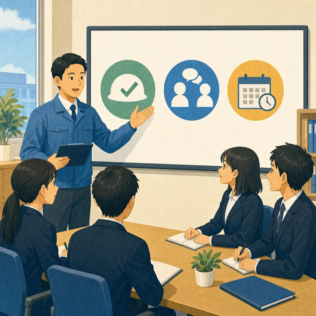 インターンシップ説明を受ける日本人学生（編集記事向け）。インターンシップ、職場体験、大学生、就業体験の記事や案内に使える商用素材です。