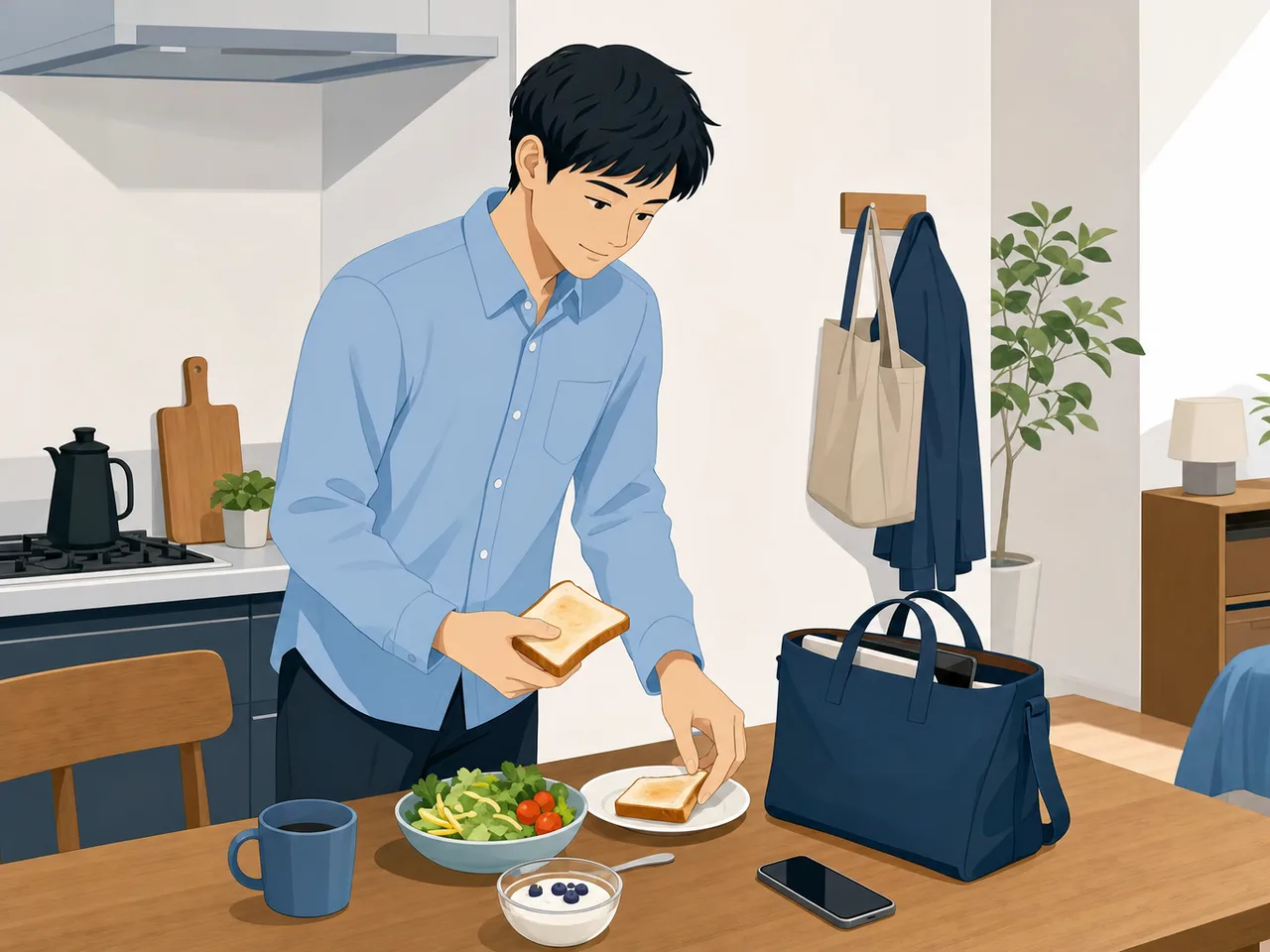 朝の支度をする一人暮らしの日本人（フラットイラスト）。一人暮らしの朝支度、平日のモーニングルーティン、朝の支度、一人暮らしの記事や案内に使える商用素材です。