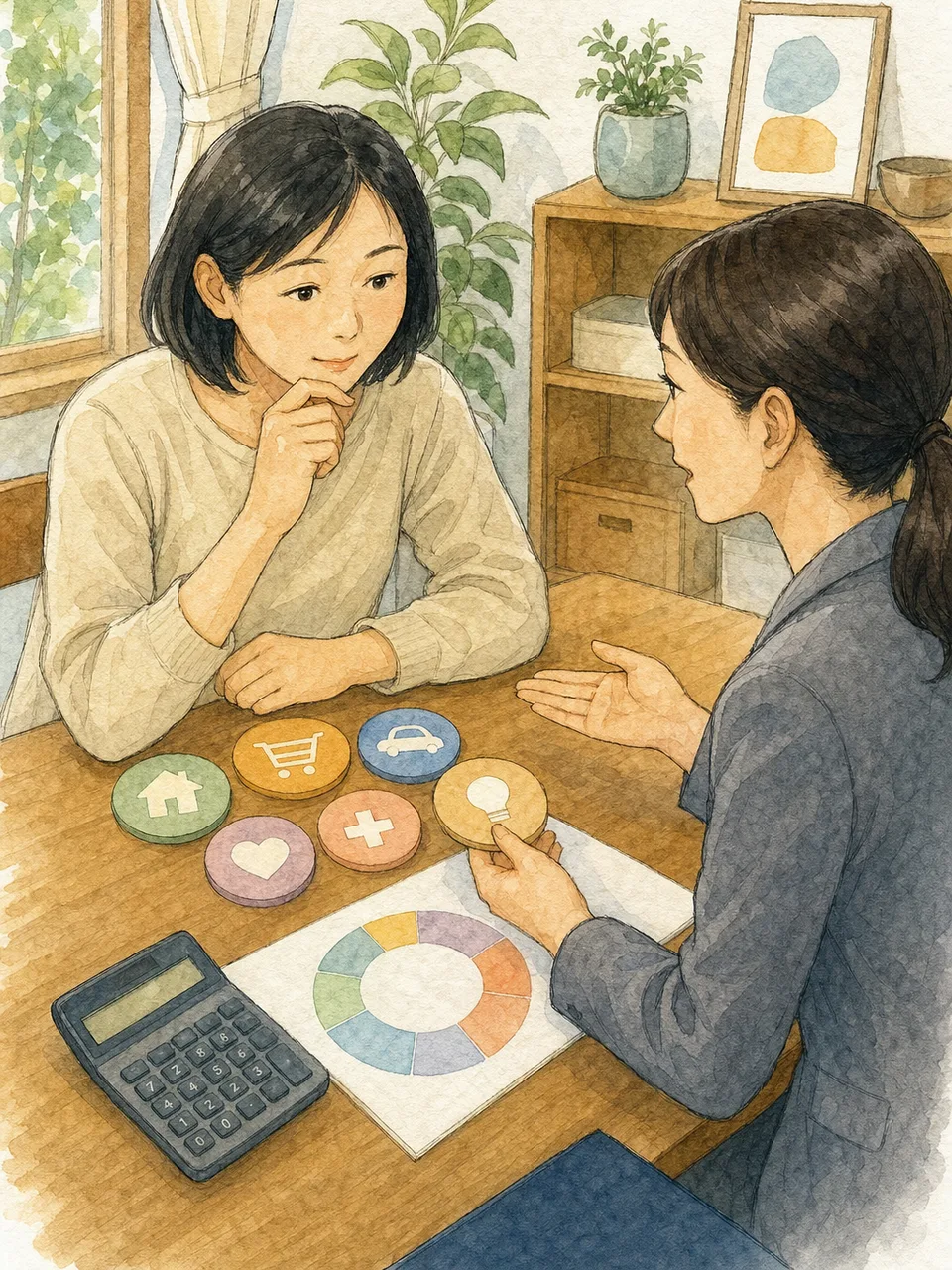 クレジット利用を見直す日本人（手描き水彩）。クレジットカード、家計見直し、支出管理、予算の記事や案内に使える商用素材です。