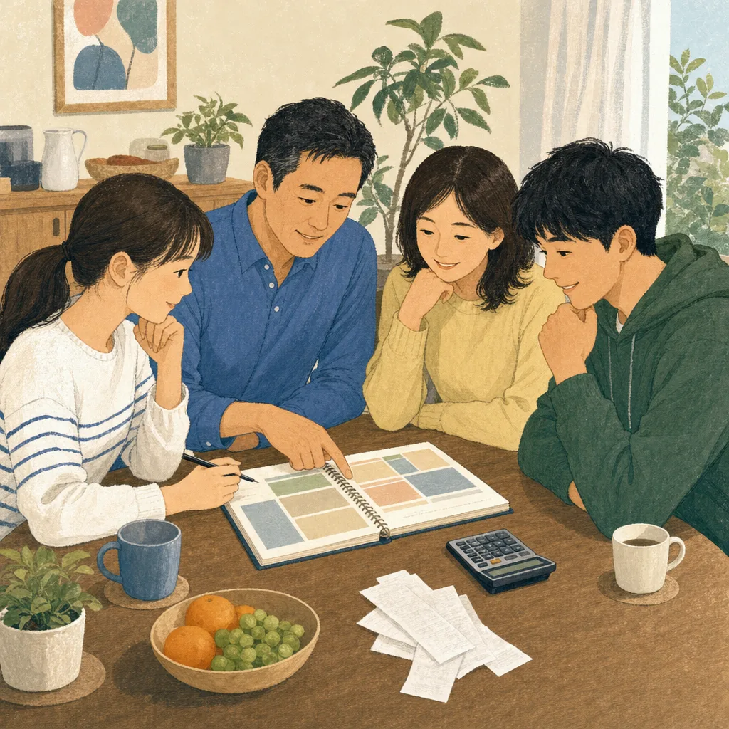 家計管理をする日本人家族（編集記事向け）。家計管理、家計簿、生活費、家族の話し合いの記事向け素材です。