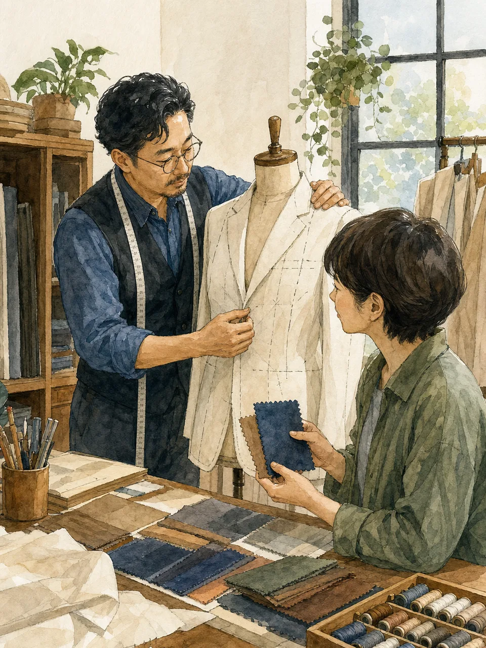 服を仕立てる日本人の洋裁職人（手描き水彩）。仕立て屋、洋裁、縫製、ものづくりの記事向け素材です。