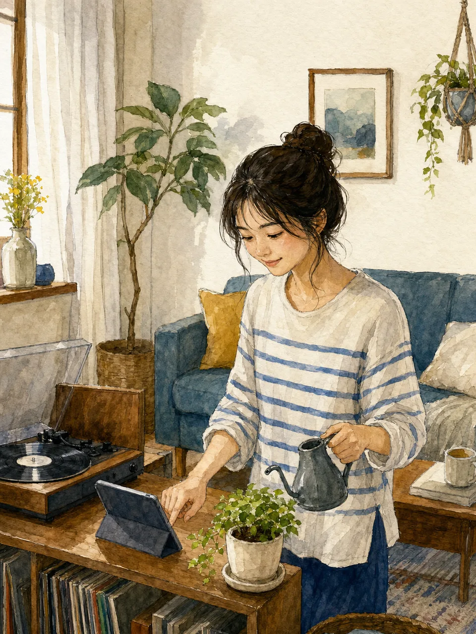 若い日本人女性の日常（手描き水彩）。若い女性、一人時間、日常、ライフスタイルの記事向け素材です。