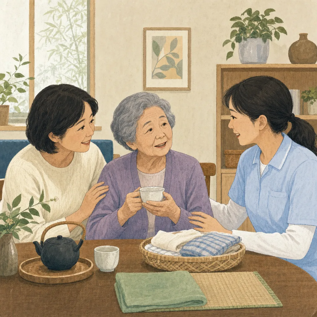 認知症の高齢者を支える家族と介護職（編集記事向け）。認知症、在宅介護、デイサービス、家族支援の記事向け素材です。