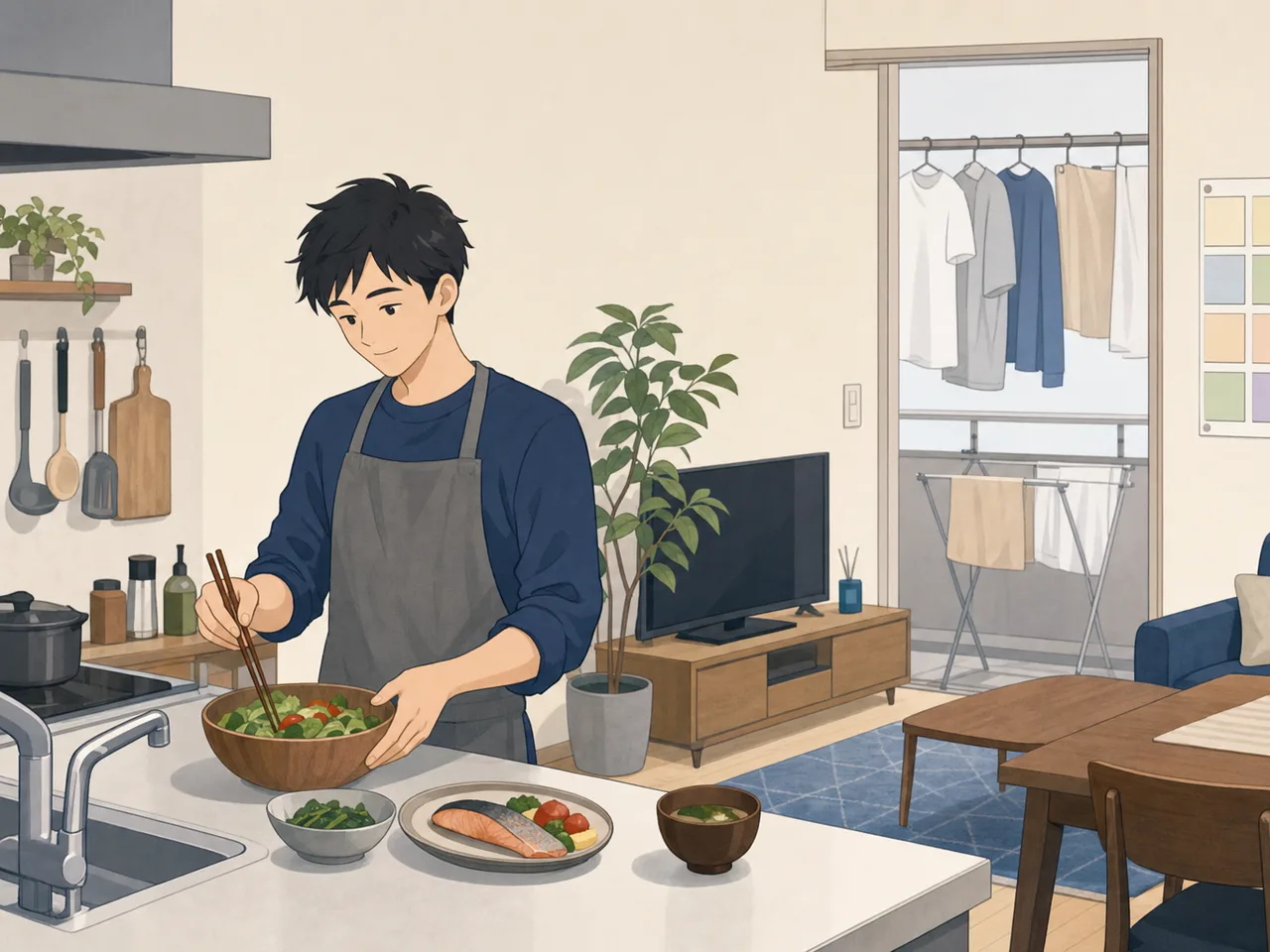一人暮らしをする日本人男性（フラットイラスト）。一人暮らしの男性、自炊、家事、暮らしの記事向け素材です。