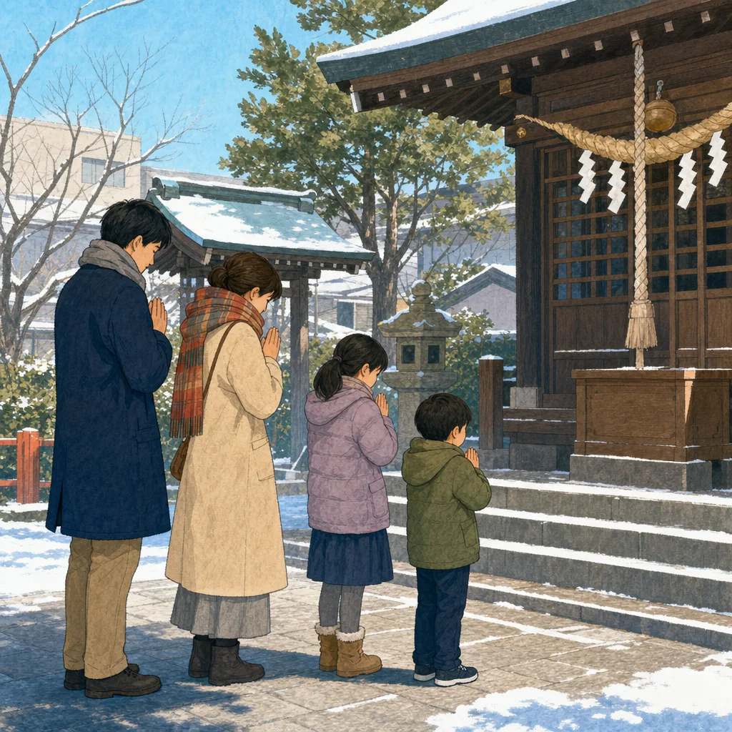初詣に出かける日本人家族（編集記事向け）。初詣、正月、家族、日本文化の記事に使える季節素材です。