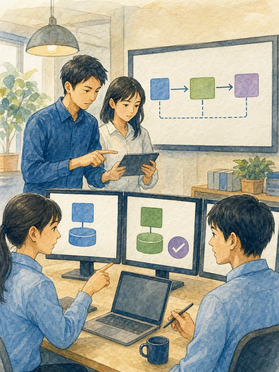バックアップ復旧訓練をする日本人技術者（手描き水彩）。バックアップ復旧訓練、復旧テスト、バックアップ、復旧訓練の記事や案内に使える商用素材です。