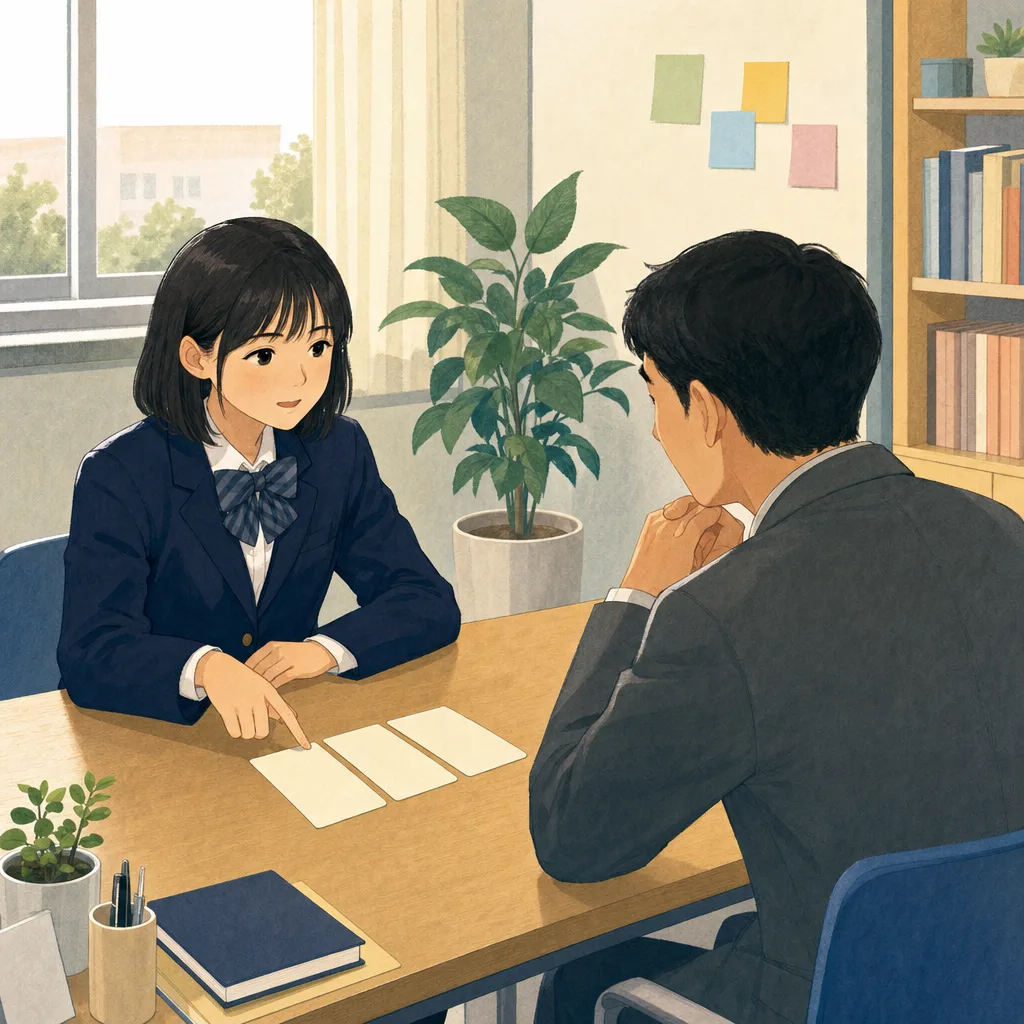 進路相談をする日本人高校生と教師（編集記事向け）。進路相談、高校生、キャリア教育、進学の記事向け素材です。