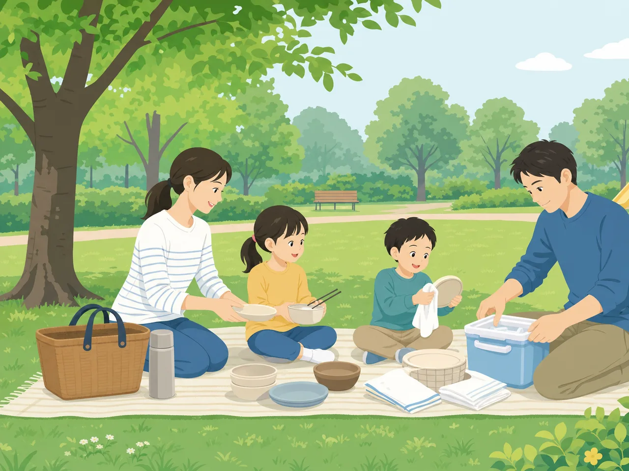 週末のピクニックを楽しむ日本人（フラットイラスト）。週末ピクニック、家族、レジャー、公園の記事向け素材です。