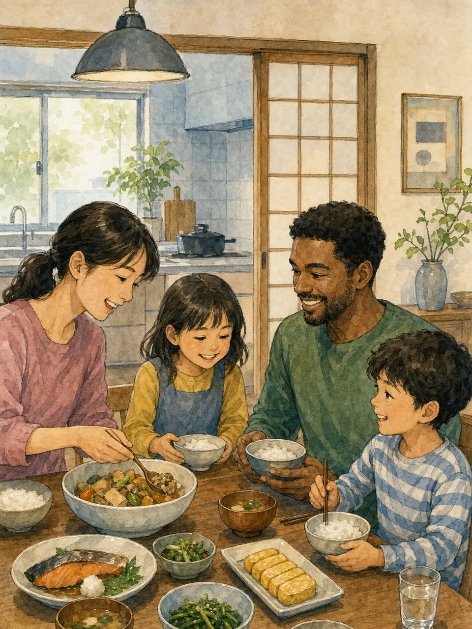 食卓を囲む日本の多文化家族（手描き水彩）。多文化家族、国際家族、家族の食卓、多文化共生の記事や案内に使える商用素材です。