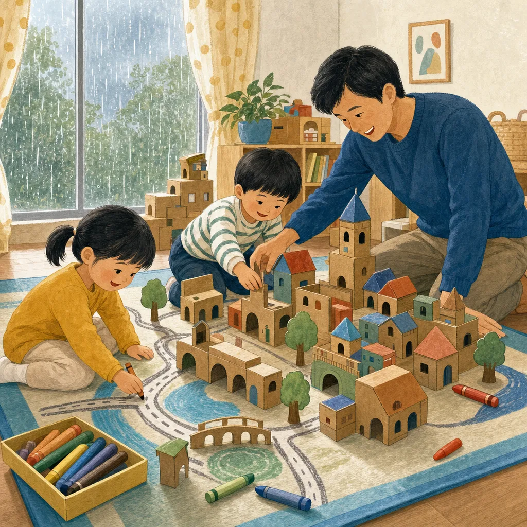 雨の日に室内遊びを楽しむ日本人親子（編集記事向け）。雨の日の室内遊び、親子、子ども、家庭の記事向け素材です。