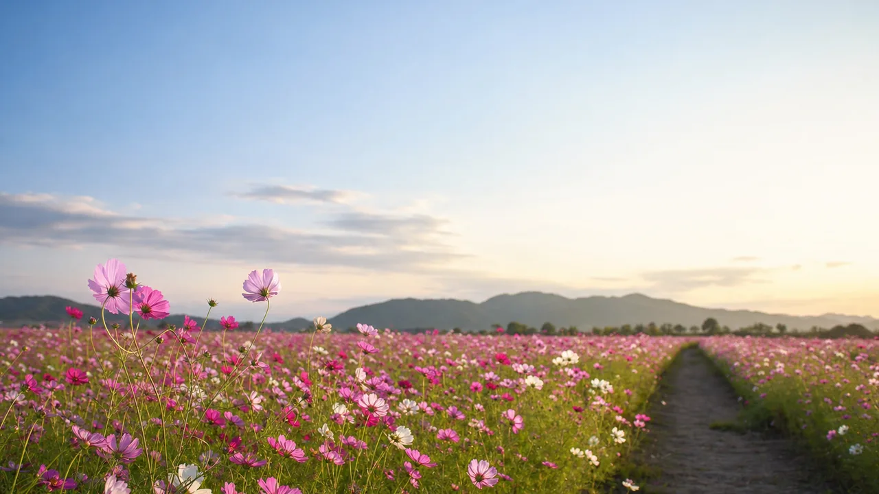秋のコスモス畑の背景（横長・余白背景）。コスモス畑、秋、花畑、自然背景に使える素材です。