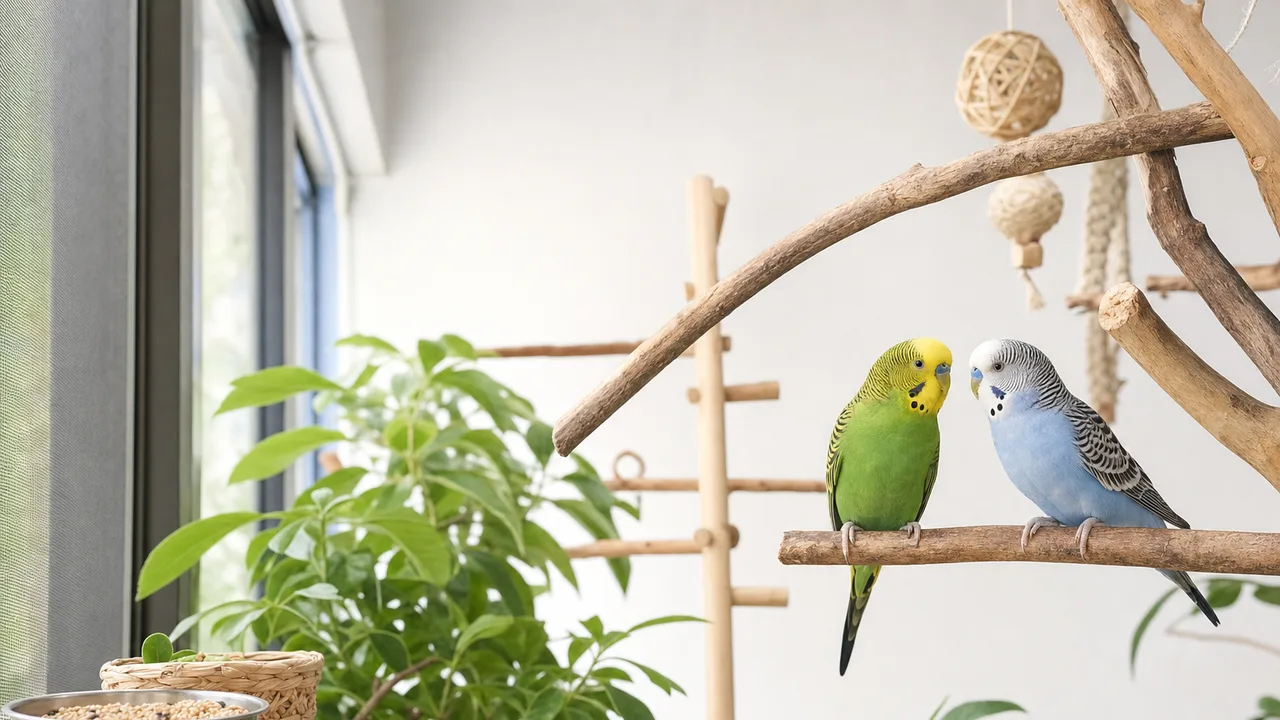 安全な室内で過ごすセキセイインコ（横長・コピースペース）。セキセイインコ、小鳥、ペット、放鳥の記事や案内に使える商用素材です。