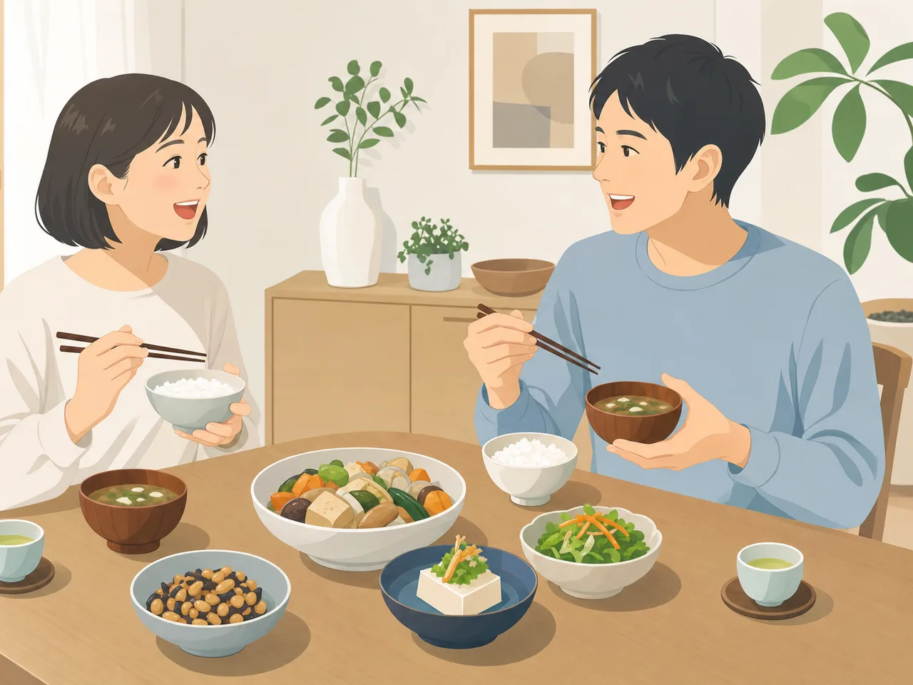 植物性の和食を楽しむ日本人（フラットイラスト）。プラントベース、植物性食品、和食、豆腐料理の記事や案内に使える商用素材です。