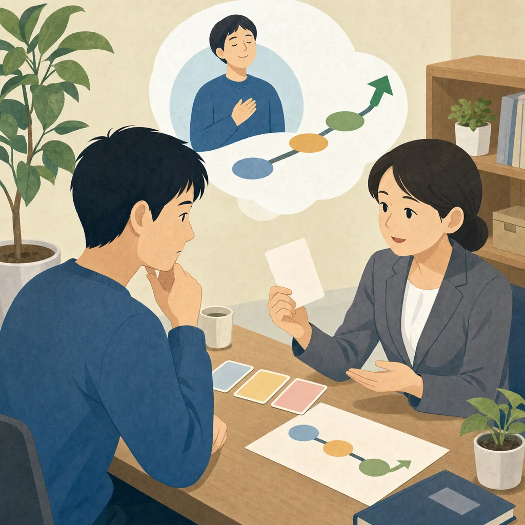 多重債務を相談する日本人（編集記事向け）。多重債務相談、債務整理、生活再建、金融相談の記事や案内に使える商用素材です。
