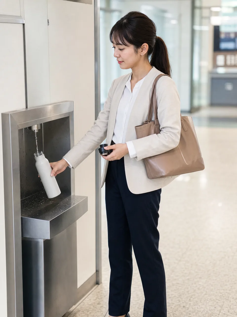 マイボトルを持ち歩く日本人（自然な縦位置写真）。マイボトル、水分補給、環境配慮、日常の記事向け素材です。