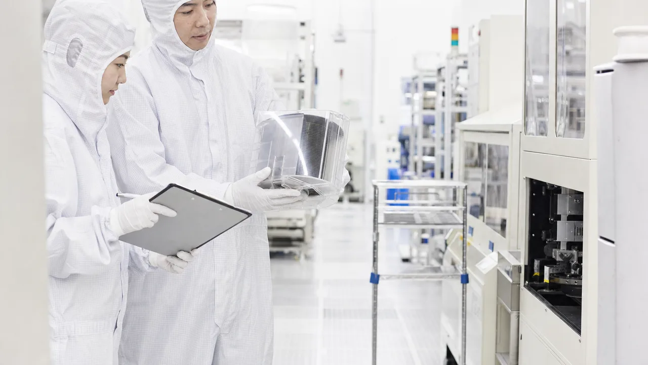 半導体工場で働く日本人技術者（横長・コピースペース）。半導体工場、製造技術、クリーンルーム、産業の記事向け素材です。