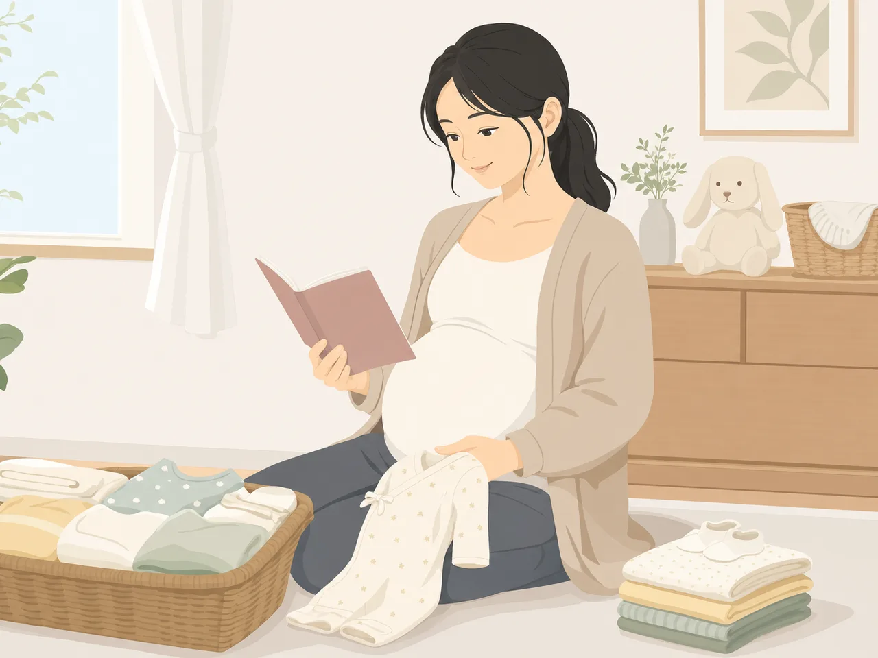 穏やかに過ごす日本人の妊婦（フラットイラスト）。妊娠、出産準備、母子保健、働き方の記事に使える、妊婦の自然な生活素材です。