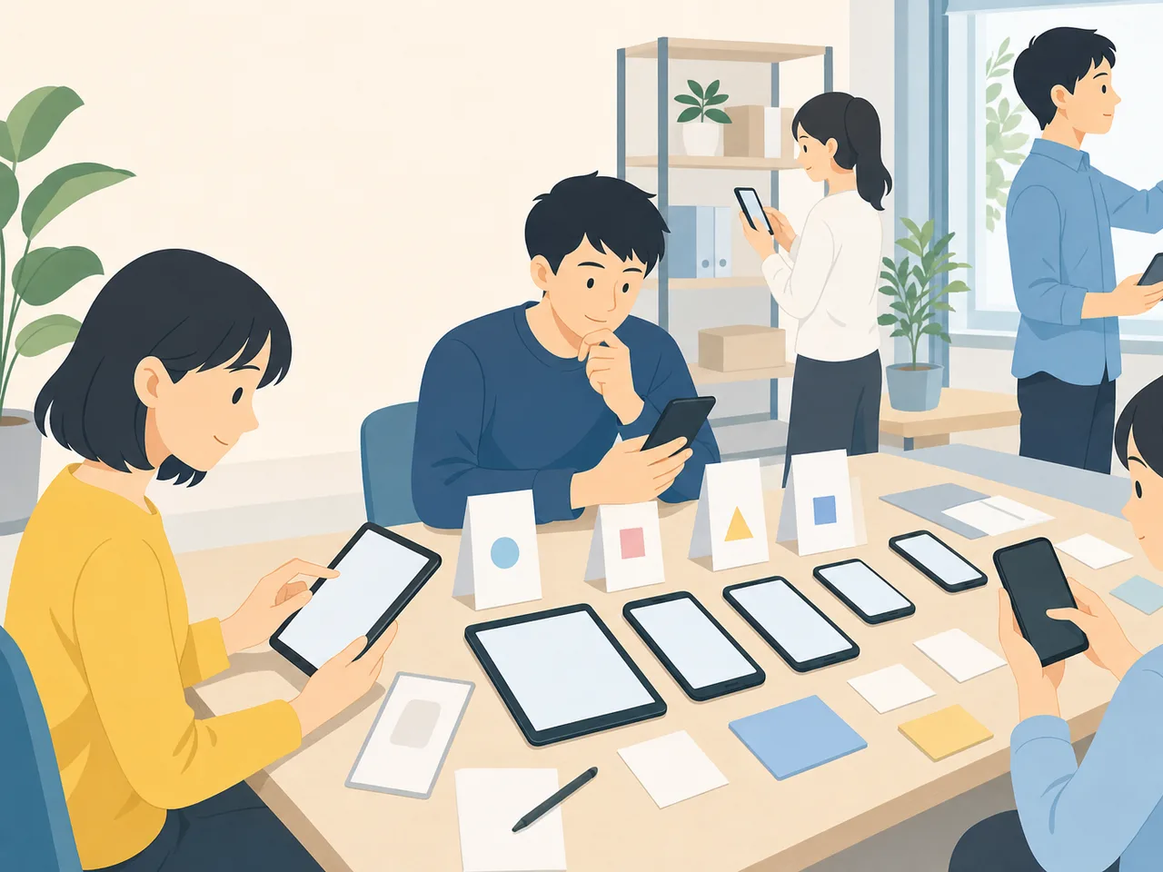 スマホアプリを検証する日本人テスター（フラットイラスト）。アプリテスト、QA、品質保証、スマホアプリの記事や案内に使える商用素材です。