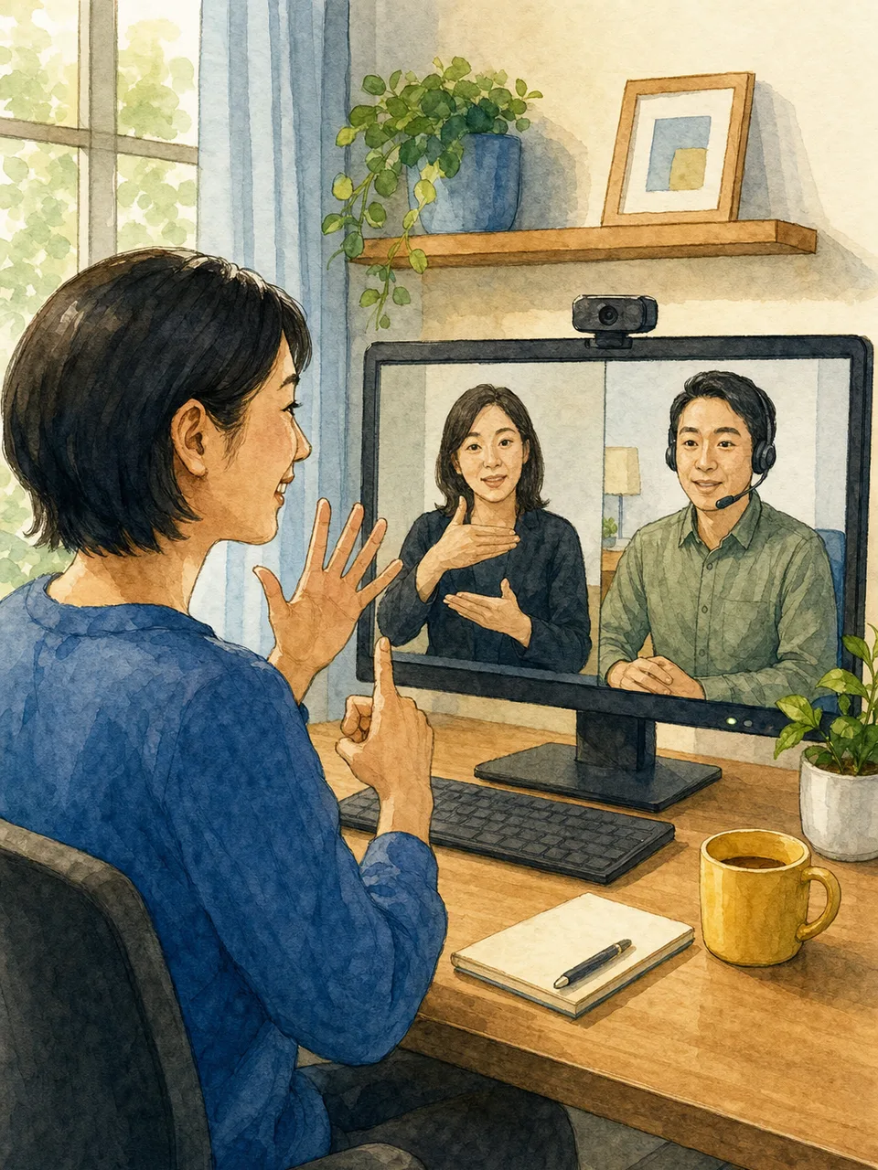 ビデオ通話で手話を使う日本人（手描き水彩）。ビデオリレーサービス、手話、ろう者、聴覚障害の記事や案内に使える商用素材です。