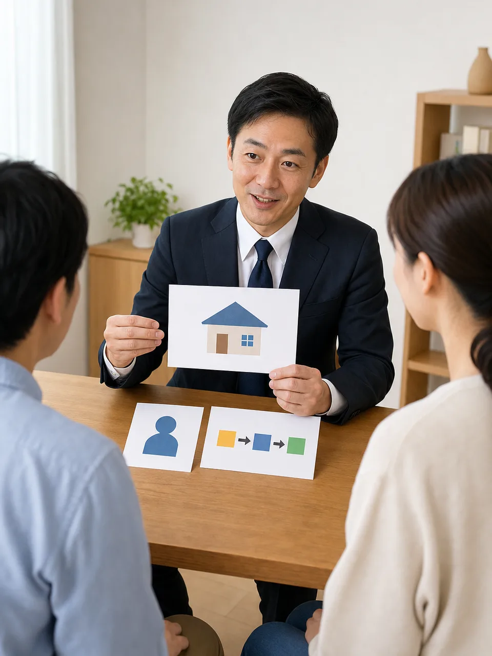 登記を支援する日本人司法書士（自然な縦位置写真）。不動産登記を説明する司法書士、住宅購入の登記手続き、司法書士、不動産登記の記事や案内に使える商用素材です。