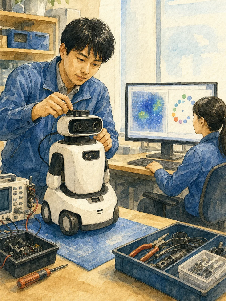 AIロボットを開発する日本人エンジニア（手描き水彩）。人工知能、ロボット、研究開発、DXの記事に使える技術素材です。