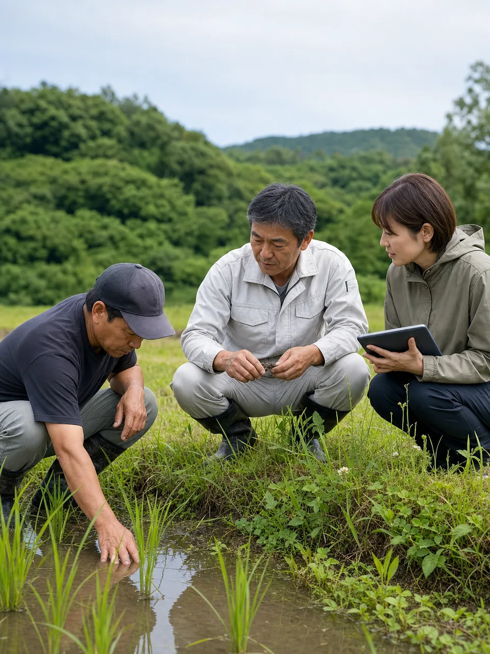 環境に配慮して稲作をする日本人農家（自然な縦位置写真）。環境保全型農業、稲作、水田、土づくりの記事や案内に使える商用素材です。
