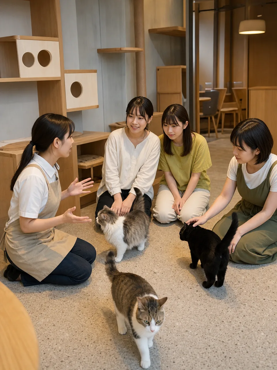 猫カフェで過ごす日本人（自然な縦位置写真）。猫カフェ、猫、動物福祉、くつろぎの記事向け素材です。