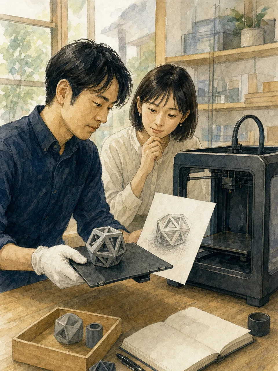 3Dプリンターで試作する日本人技術者（手描き水彩）。3Dプリンター、試作、ものづくり、設計の記事向け素材です。