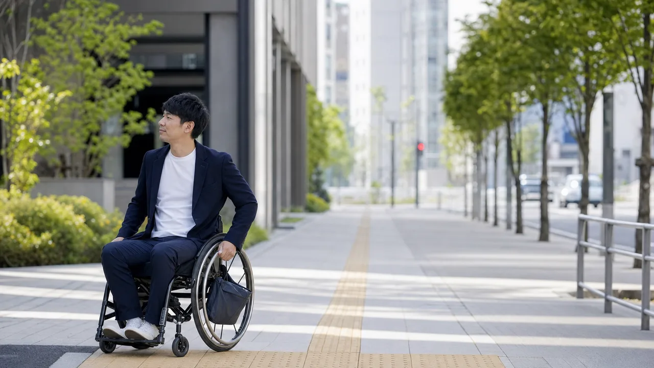 車いすで通勤する日本人（横長・コピースペース）。車いす通勤、車椅子、バリアフリー、会社員の記事や案内に使える商用素材です。