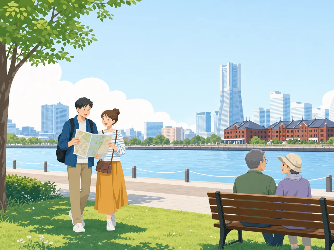 横浜の水辺を歩く日本人旅行者（フラットイラスト）。横浜、ウォーターフロント、都市観光、街歩きの記事向け素材です。