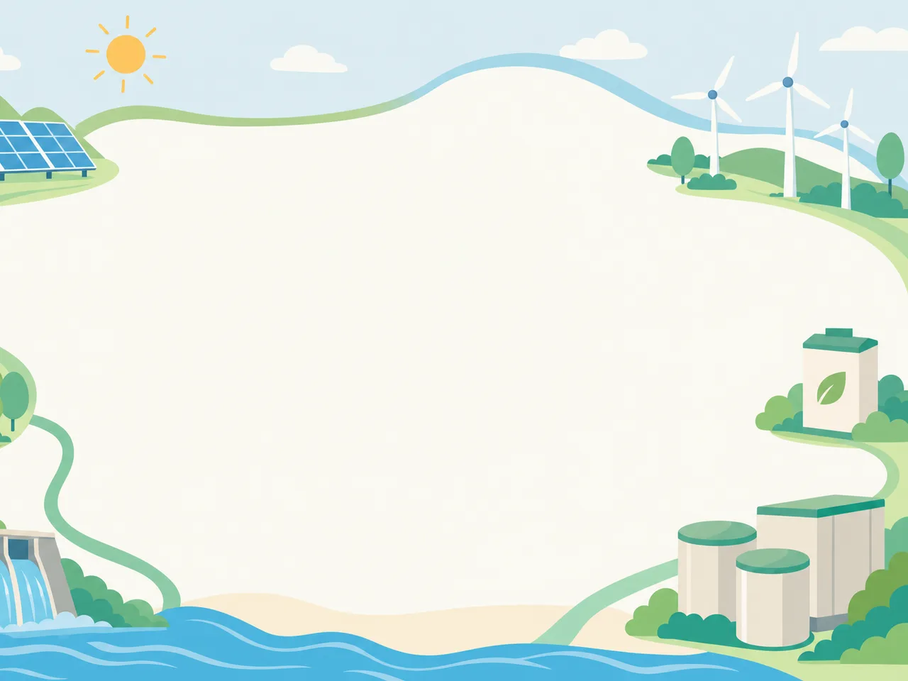 再生可能エネルギーを表す背景（フレームイラスト）。再生可能エネルギー背景、脱炭素、太陽光、風力の記事や案内に使える商用素材です。