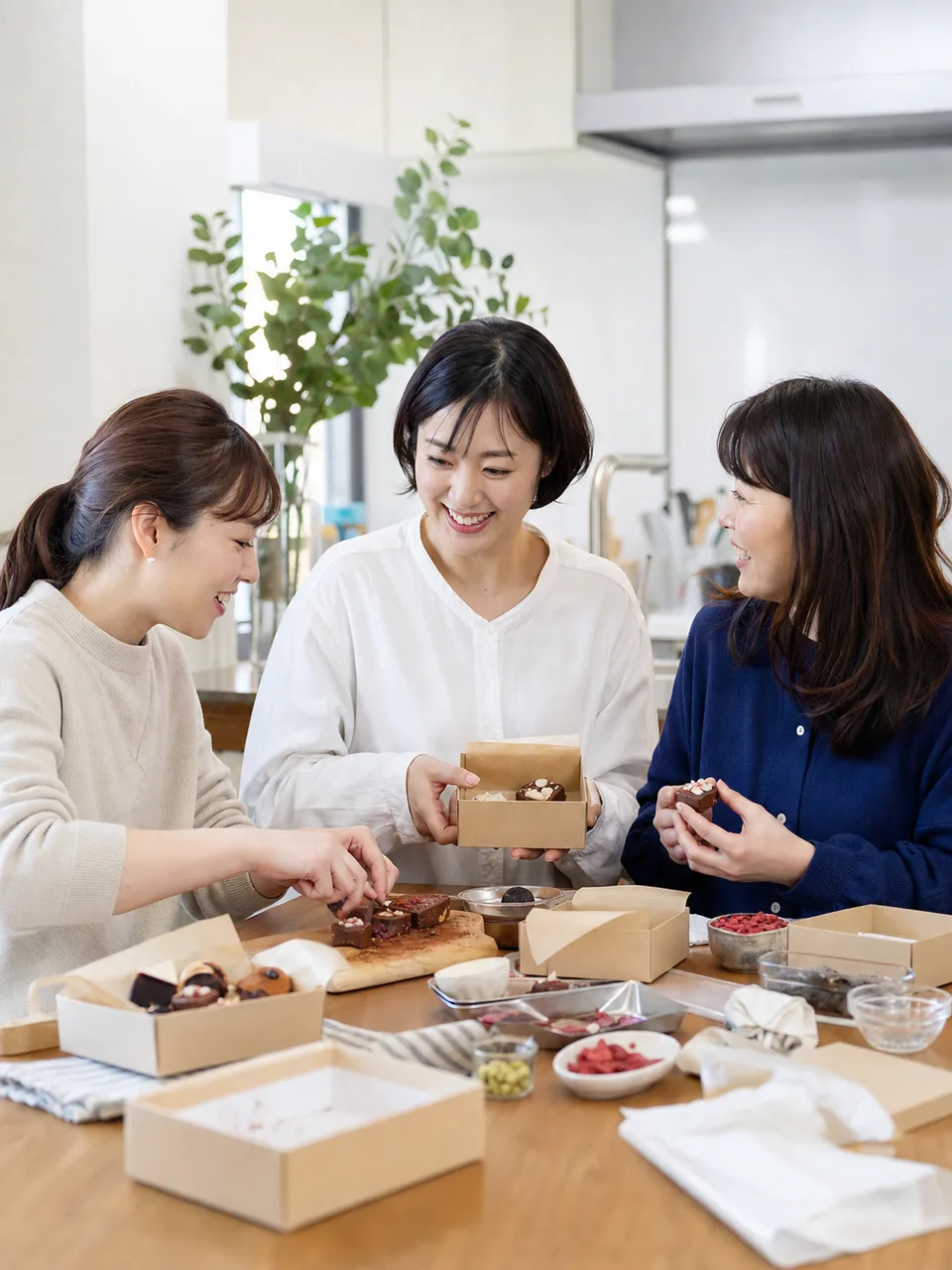 バレンタインの贈り物を作る日本人（自然な縦位置写真）。バレンタイン、手作りお菓子、友情、冬のイベントの記事向け素材です。