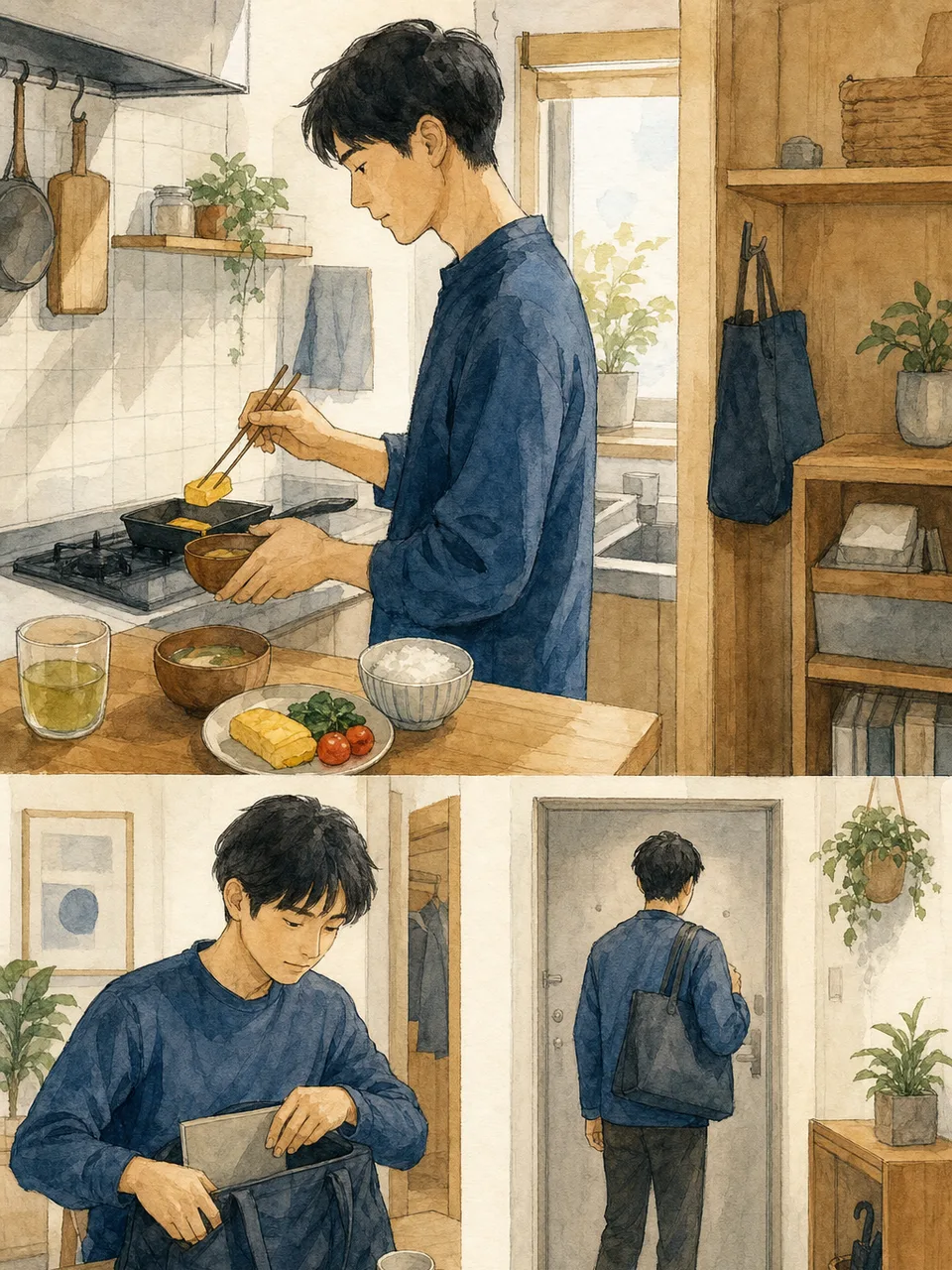 朝の支度をする一人暮らしの日本人（手描き水彩）。一人暮らしの朝支度、平日のモーニングルーティン、朝の支度、一人暮らしの記事や案内に使える商用素材です。