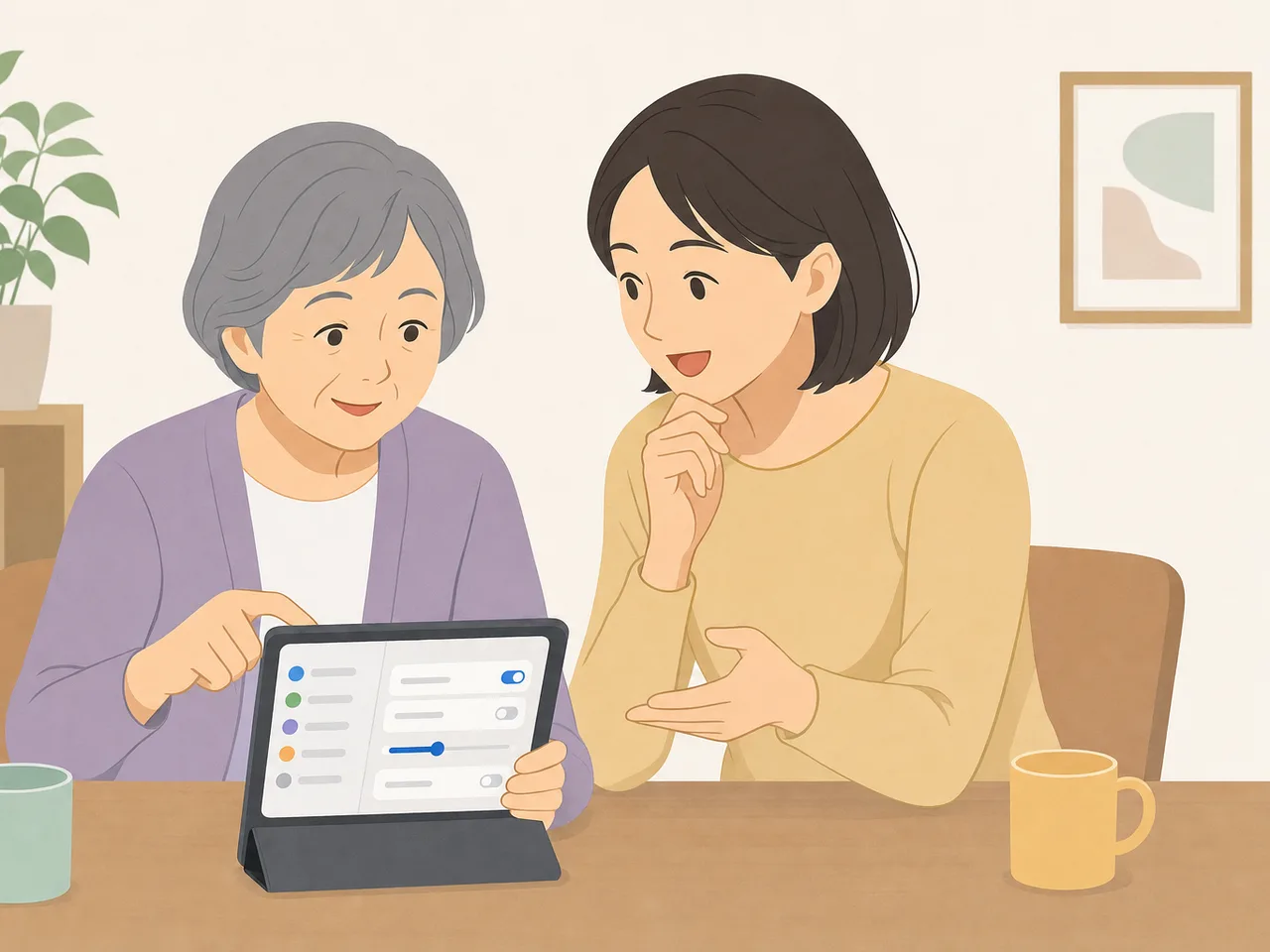 親のデジタル利用を手伝う日本人（フラットイラスト）。親のスマホ支援、デジタル支援、親子、高齢者の記事や案内に使える商用素材です。