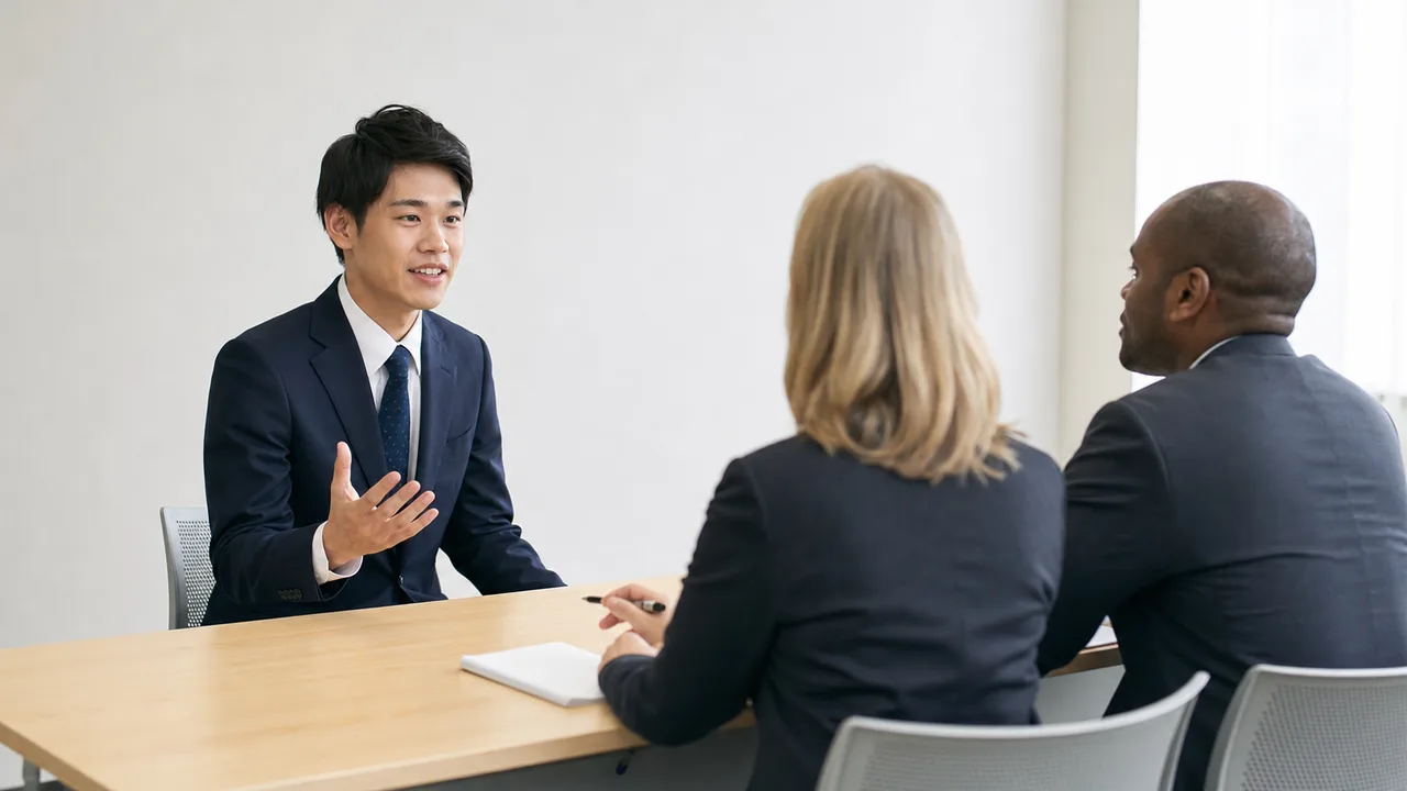就職面接に臨む日本人求職者（横長・コピースペース）。就職面接、採用、求職者、対話の記事向け素材です。